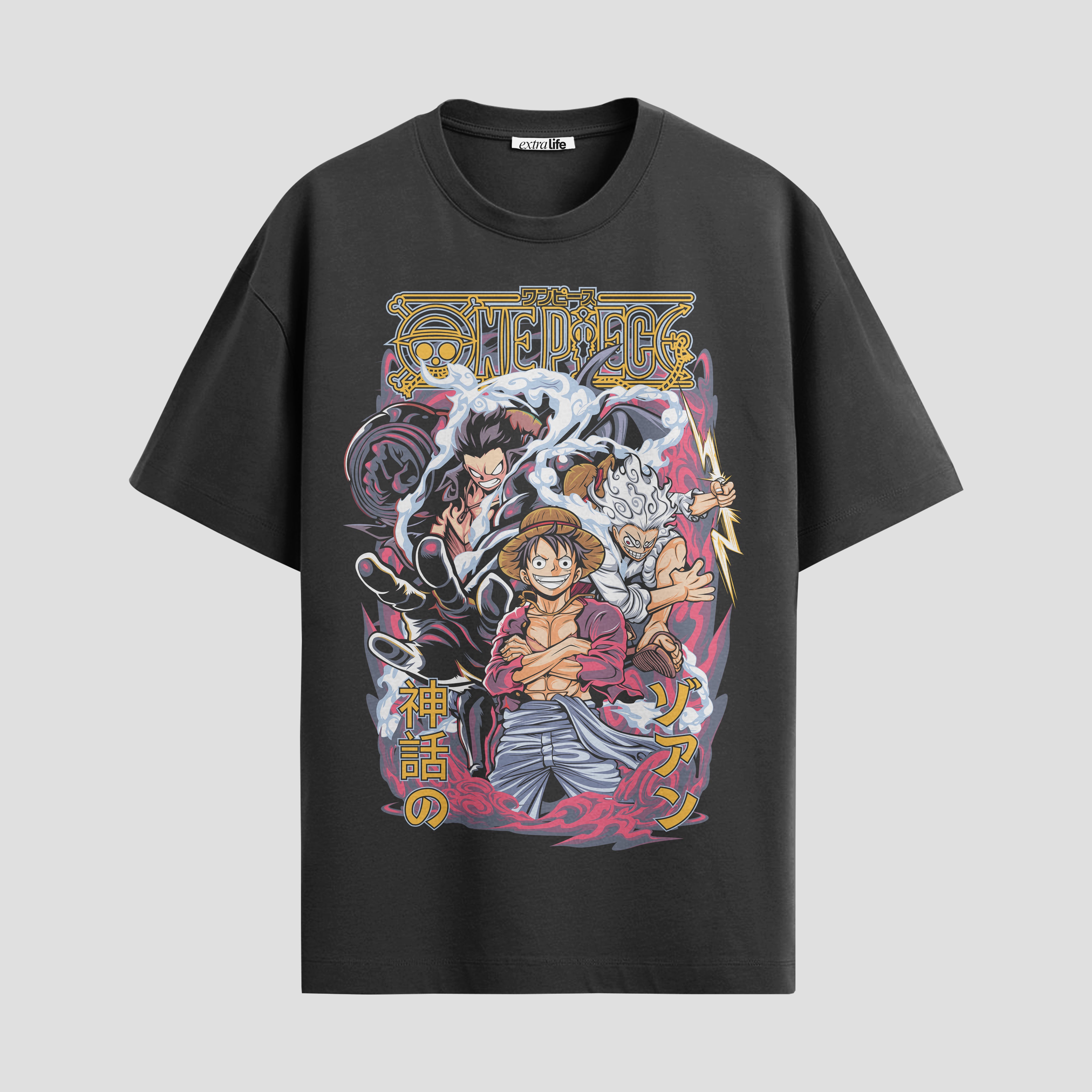 Playera urbana de anime y gaming ExtraLife MX, corte Standard Fit unisex ligero y transpirable en color Deep Black y Pure White, ropa de uso diario para gym y casual.