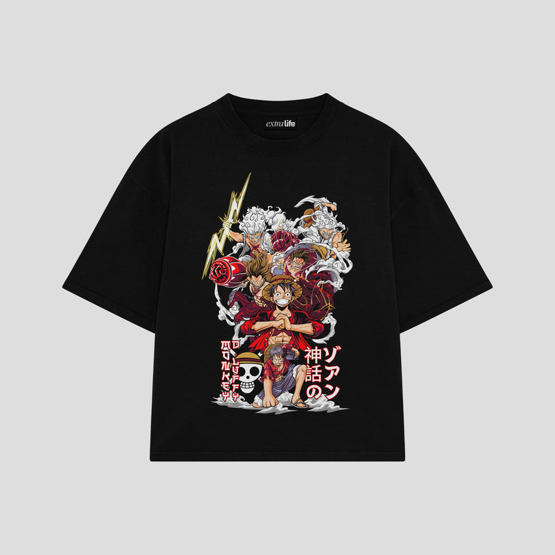 Playera streetwear premium de anime y gaming ExtraLife MX, corte boxy oversized drop shoulder heavyweight en color Deep Black y Off-White, moda urbana mexicana de culto.