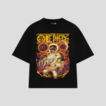 Playera streetwear premium de anime y gaming ExtraLife MX, corte boxy oversized drop shoulder heavyweight en color Deep Black y Off-White, moda urbana mexicana de culto.