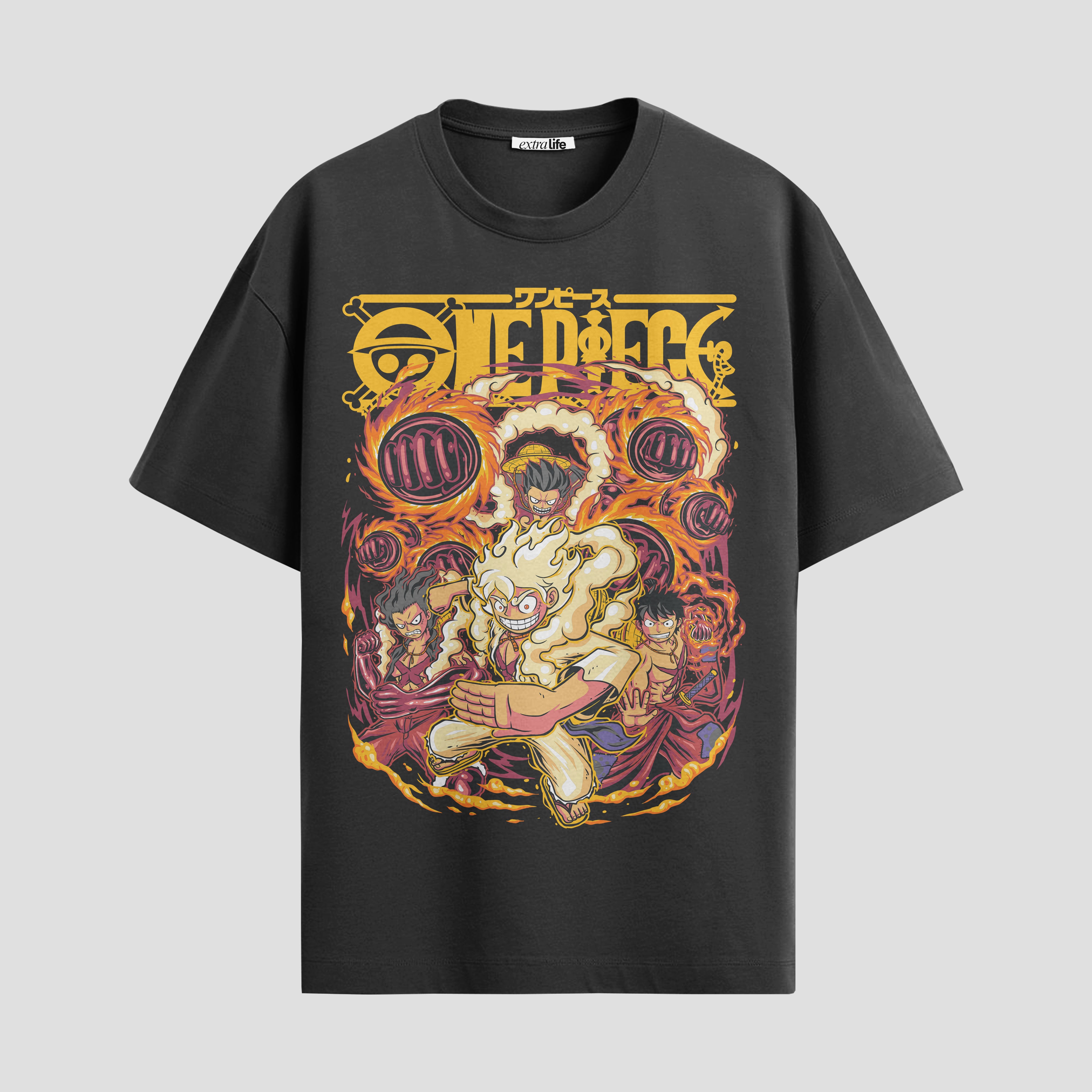 Playera urbana de anime y gaming ExtraLife MX, corte Standard Fit unisex ligero y transpirable en color Deep Black y Pure White, ropa de uso diario para gym y casual.