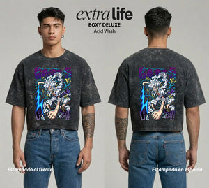 Playera streetwear premium de anime y gaming ExtraLife MX, corte boxy deluxe mineral wash heavyweight en color Acid Wash, moda urbana mexicana de culto.
