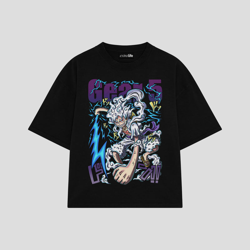 Playera streetwear premium de anime y gaming ExtraLife MX, corte boxy oversized drop shoulder heavyweight en color Deep Black y Off-White, moda urbana mexicana de culto.
