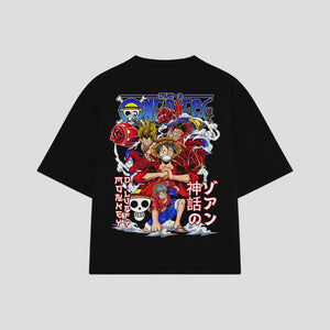 Playera streetwear premium de anime y gaming ExtraLife MX, corte boxy oversized drop shoulder heavyweight en color Deep Black y Off-White, moda urbana mexicana de culto.