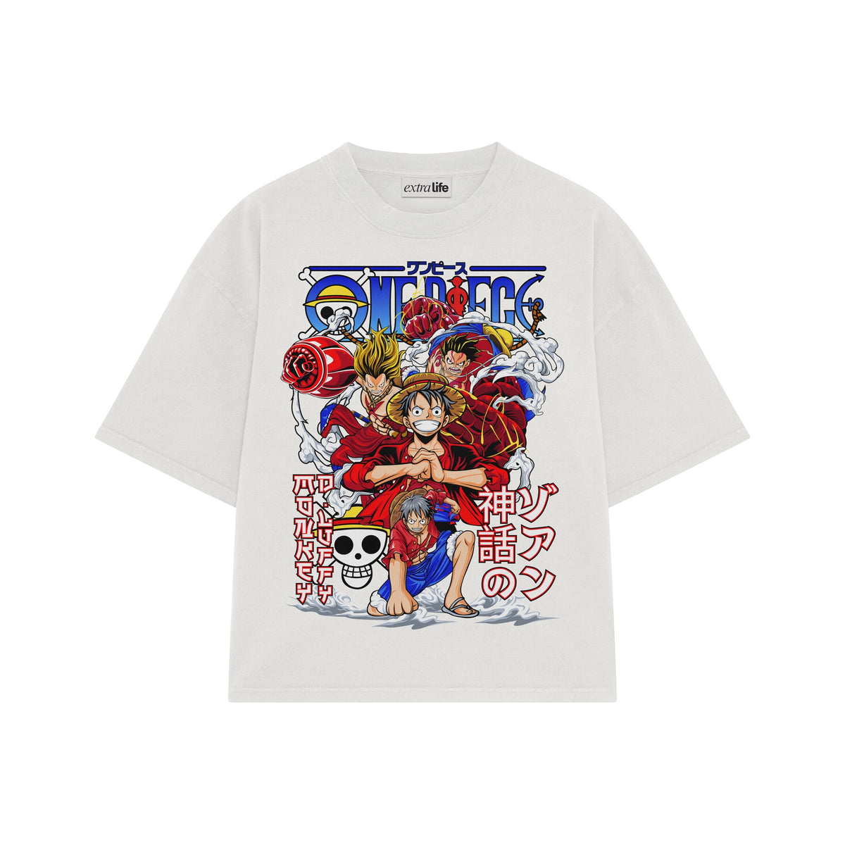 Playera streetwear premium de anime y gaming ExtraLife MX, corte oversized drop shoulder ligero y fresco en color Deep Black y Off-White, moda urbana mexicana de culto.