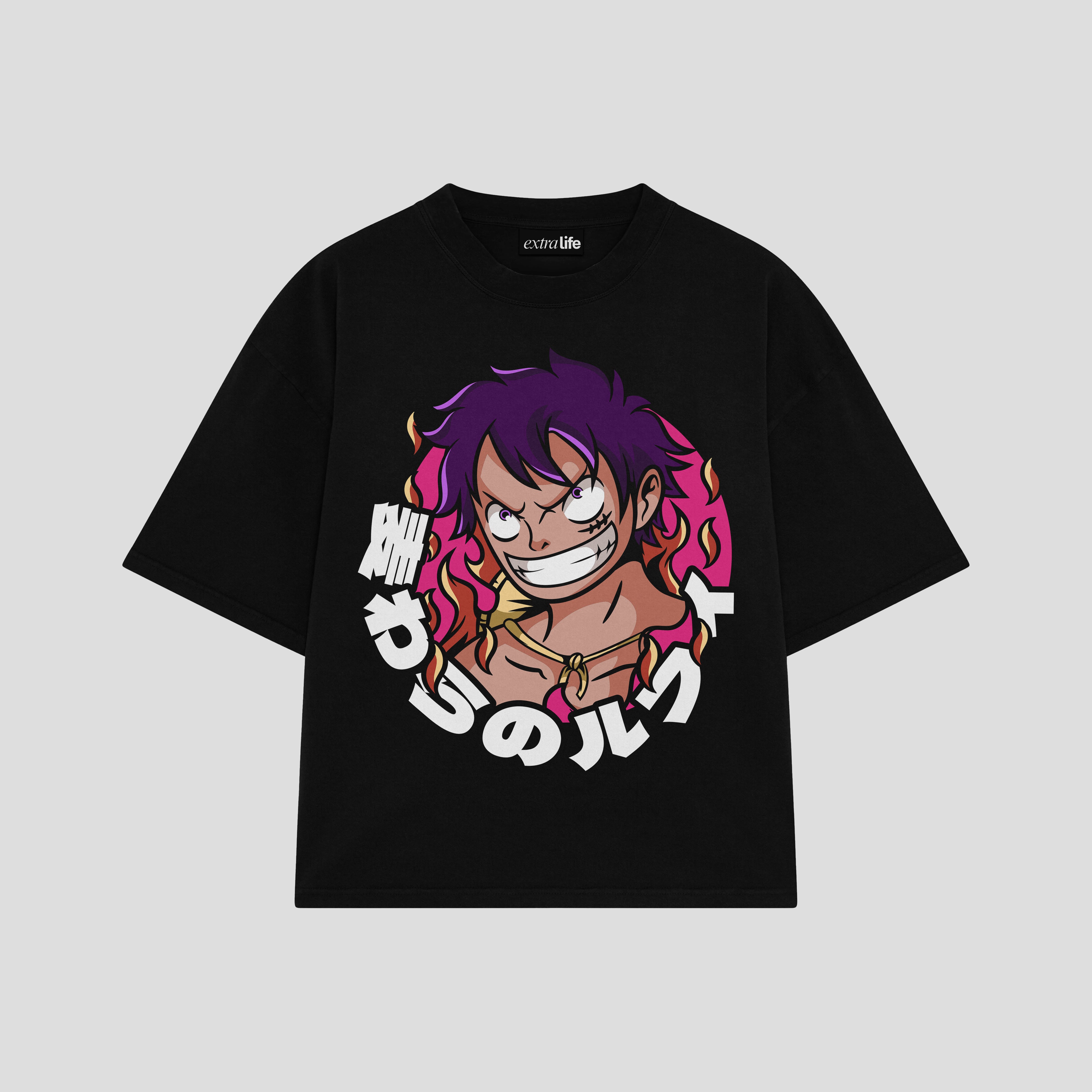 Playera streetwear premium de anime y gaming ExtraLife MX, corte boxy oversized drop shoulder heavyweight en color Deep Black y Off-White, moda urbana mexicana de culto.