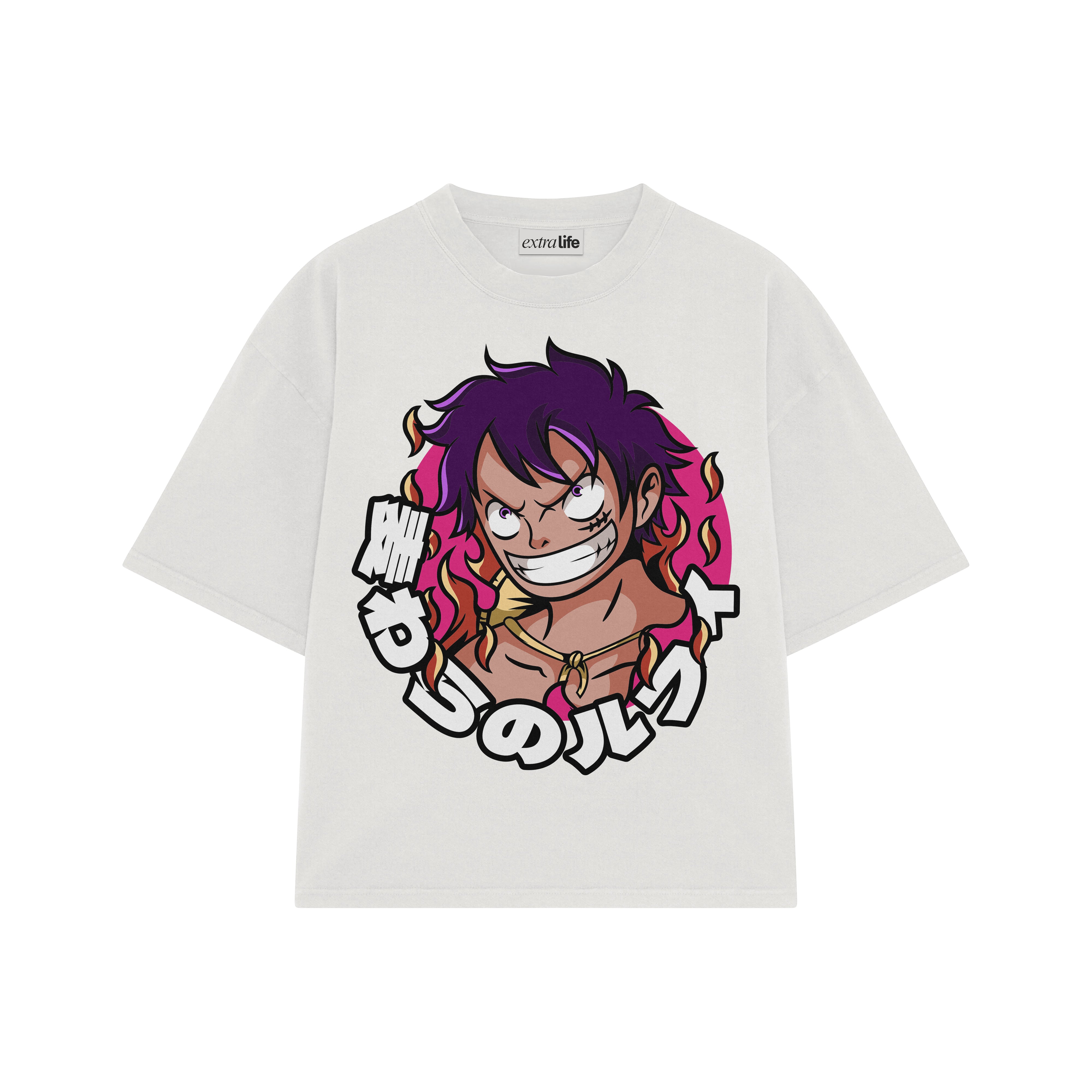 Playera streetwear premium de anime y gaming ExtraLife MX, corte boxy oversized drop shoulder heavyweight en color Deep Black y Off-White, moda urbana mexicana de culto.