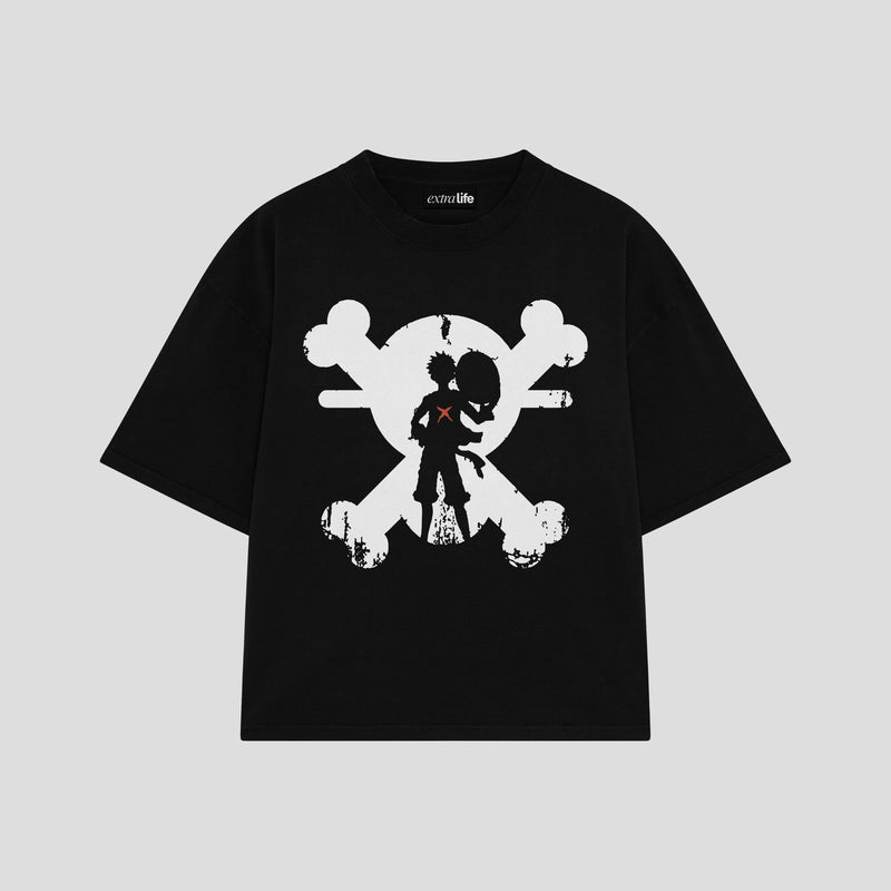 Playera streetwear premium de anime y gaming ExtraLife MX, corte boxy oversized drop shoulder heavyweight en color Deep Black y Off-White, moda urbana mexicana de culto.