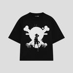 Playera streetwear premium de anime y gaming ExtraLife MX, corte boxy oversized drop shoulder heavyweight en color Deep Black y Off-White, moda urbana mexicana de culto.