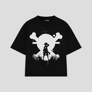 Playera streetwear premium de anime y gaming ExtraLife MX, corte boxy oversized drop shoulder heavyweight en color Deep Black y Off-White, moda urbana mexicana de culto.