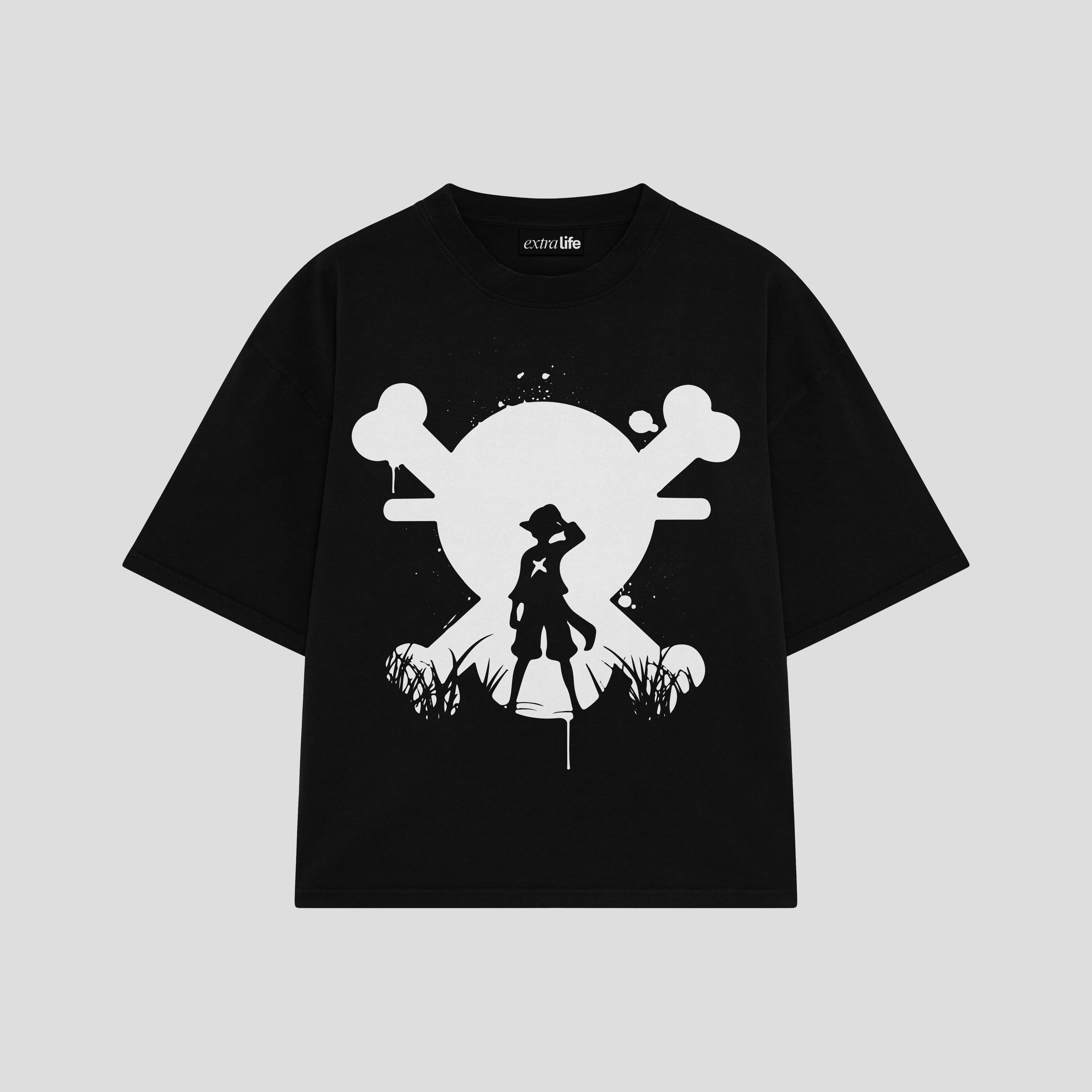 Playera streetwear premium de anime y gaming ExtraLife MX, corte boxy oversized drop shoulder heavyweight en color Deep Black y Off-White, moda urbana mexicana de culto.