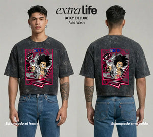 Playera streetwear premium de anime y gaming ExtraLife MX, corte boxy deluxe mineral wash heavyweight en color Acid Wash, moda urbana mexicana de culto.