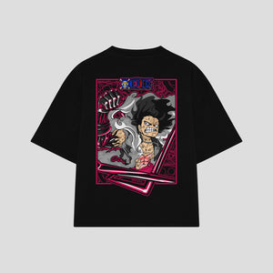 Playera streetwear premium de anime y gaming ExtraLife MX, corte boxy oversized drop shoulder heavyweight en color Deep Black y Off-White, moda urbana mexicana de culto.