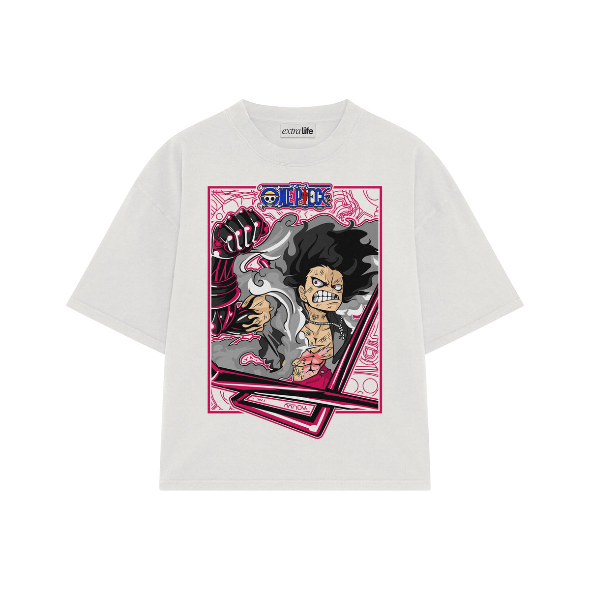 Playera streetwear premium de anime y gaming ExtraLife MX, corte oversized drop shoulder ligero y fresco en color Deep Black y Off-White, moda urbana mexicana de culto.