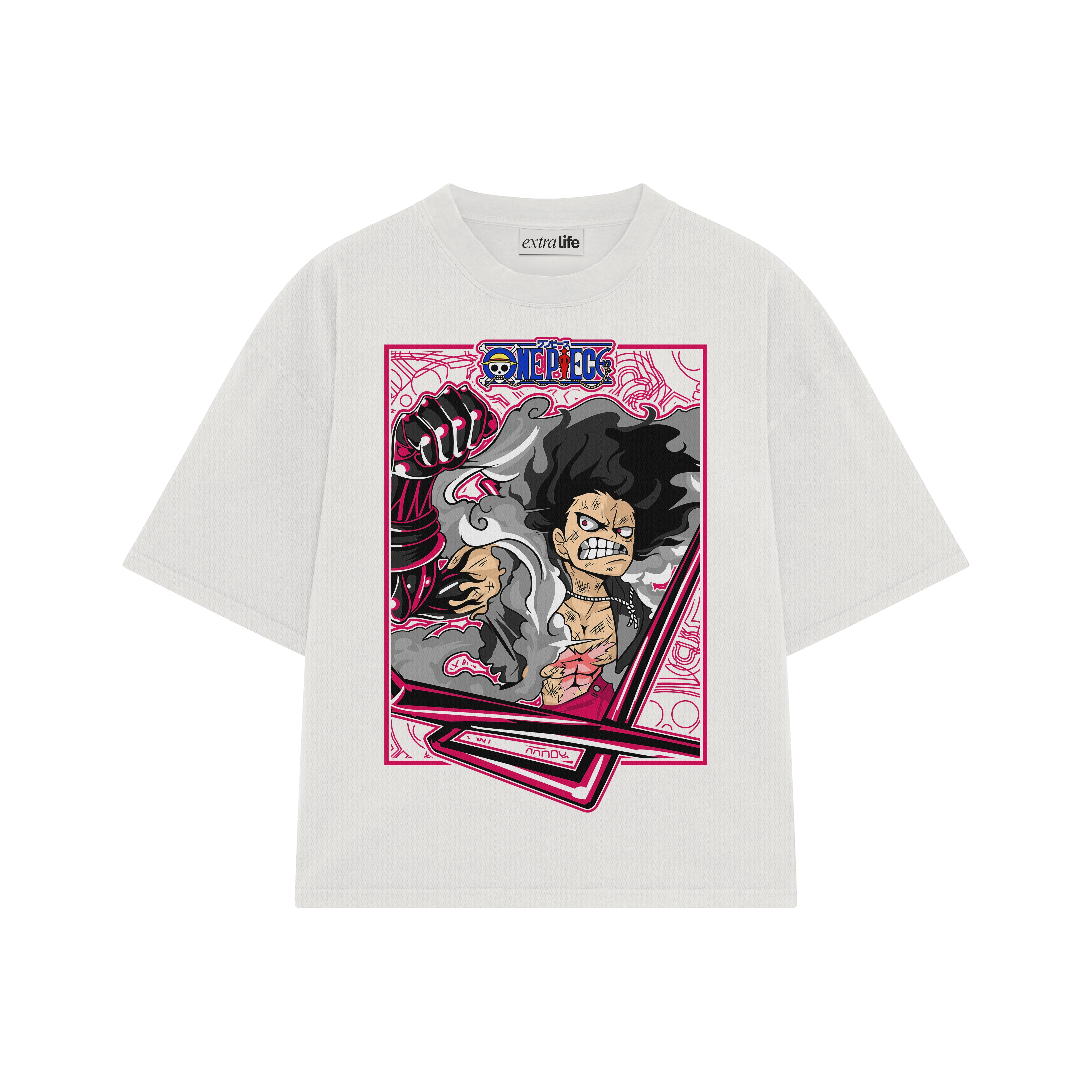 Playera streetwear premium de anime y gaming ExtraLife MX, corte boxy oversized drop shoulder heavyweight en color Deep Black y Off-White, moda urbana mexicana de culto.