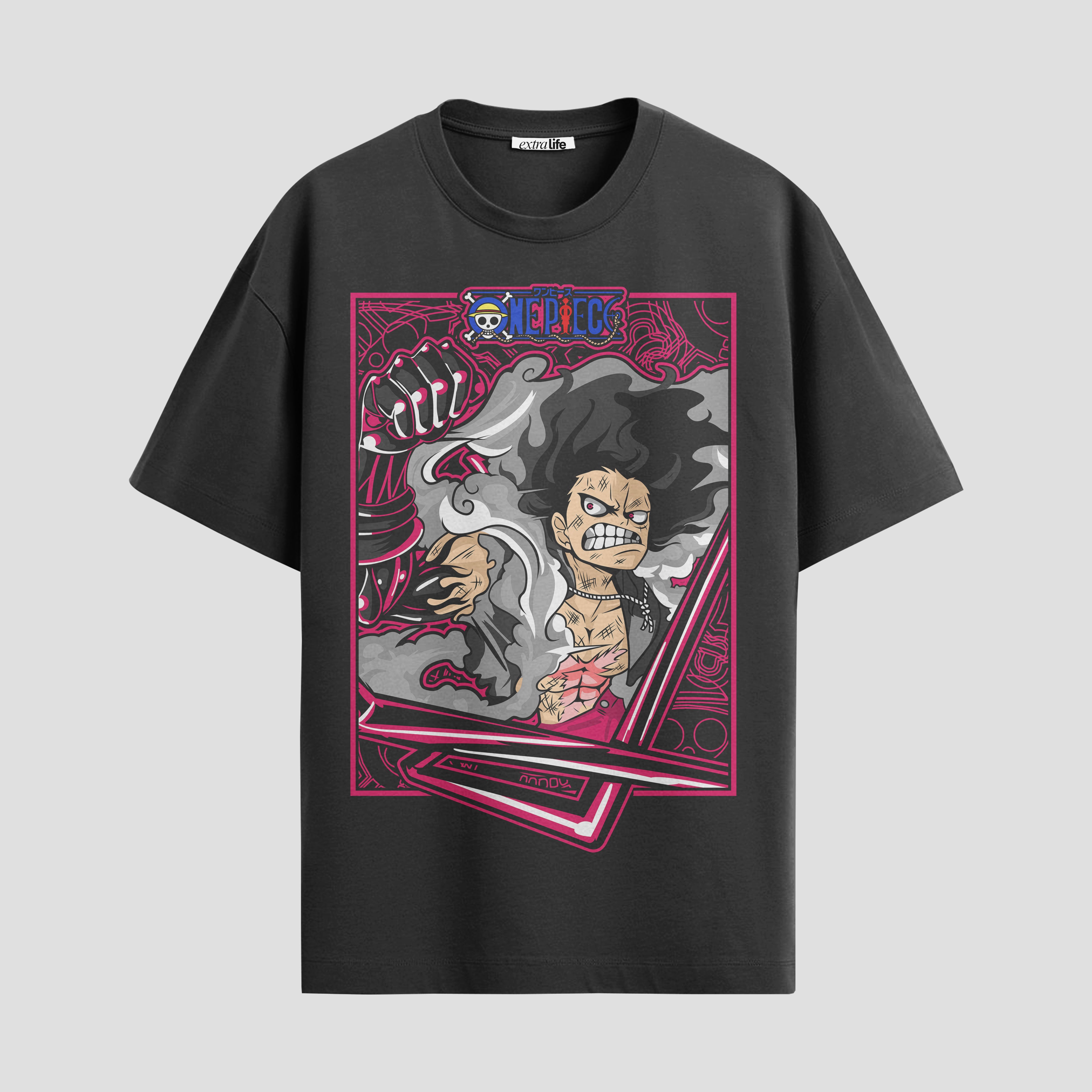 Playera urbana de anime y gaming ExtraLife MX, corte Standard Fit unisex ligero y transpirable en color Deep Black y Pure White, ropa de uso diario para gym y casual.