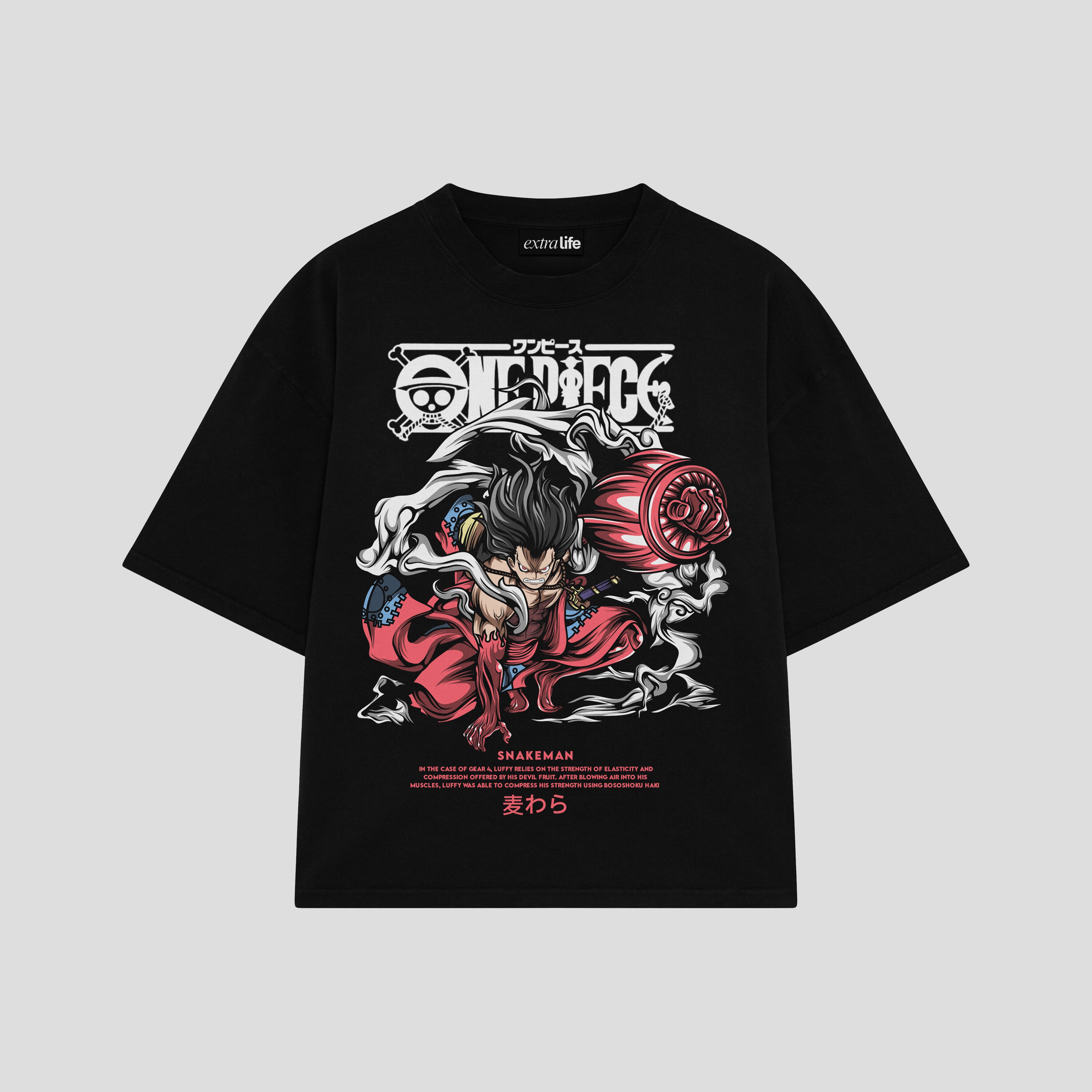 Playera streetwear premium de anime y gaming ExtraLife MX, corte boxy oversized drop shoulder heavyweight en color Deep Black y Off-White, moda urbana mexicana de culto.