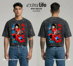 Playera streetwear premium de anime y gaming ExtraLife MX, corte boxy deluxe mineral wash heavyweight en color Acid Wash, moda urbana mexicana de culto.