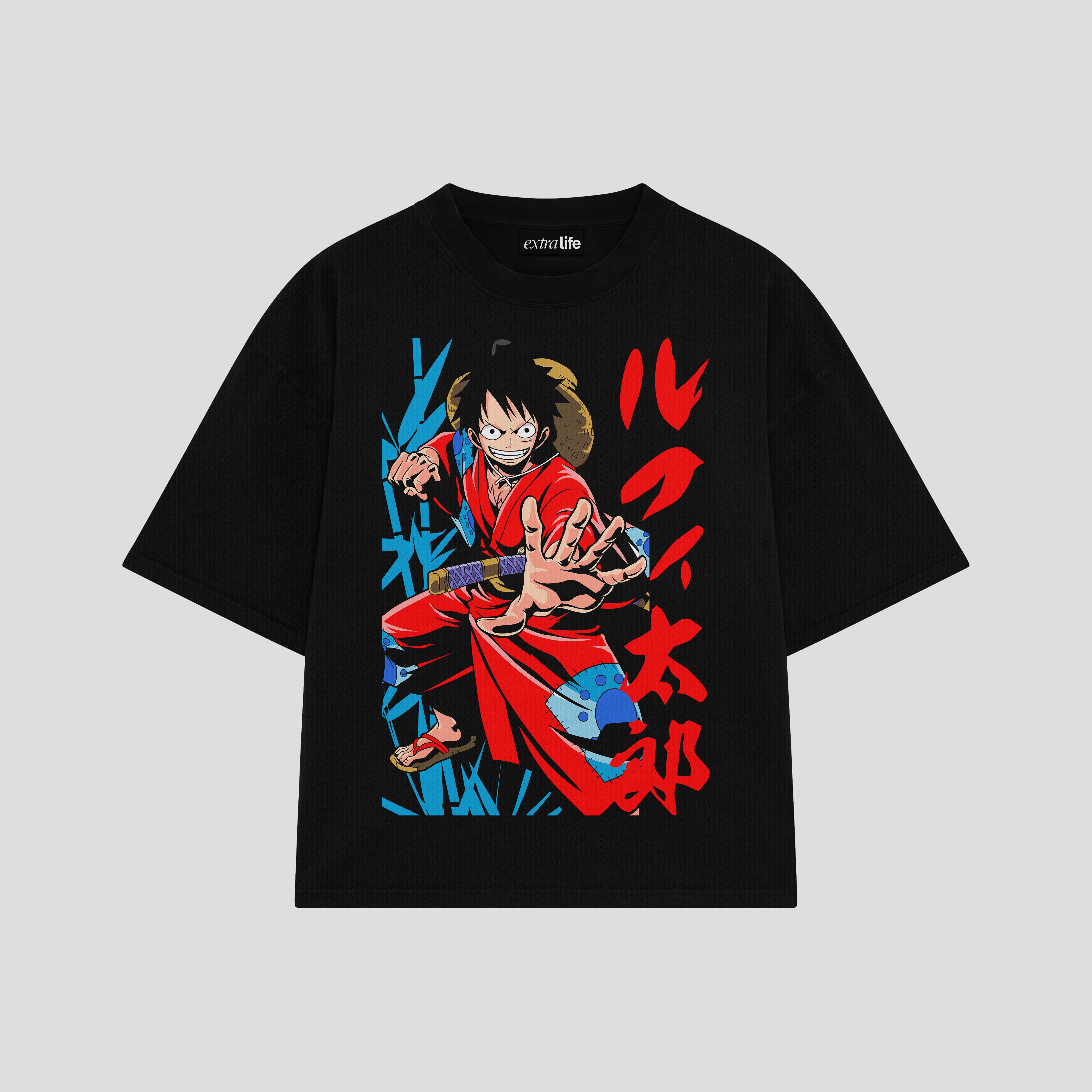Playera streetwear premium de anime y gaming ExtraLife MX, corte boxy oversized drop shoulder heavyweight en color Deep Black y Off-White, moda urbana mexicana de culto.