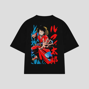 Playera streetwear premium de anime y gaming ExtraLife MX, corte boxy oversized drop shoulder heavyweight en color Deep Black y Off-White, moda urbana mexicana de culto.