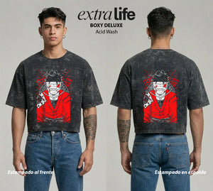Playera streetwear premium de anime y gaming ExtraLife MX, corte boxy deluxe mineral wash heavyweight en color Acid Wash, moda urbana mexicana de culto.