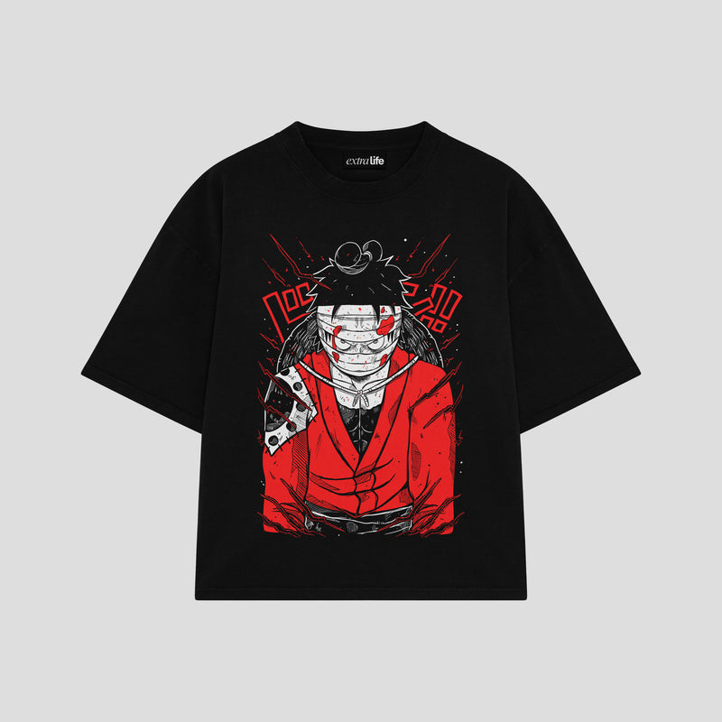 Playera streetwear premium de anime y gaming ExtraLife MX, corte boxy oversized drop shoulder heavyweight en color Deep Black y Off-White, moda urbana mexicana de culto.