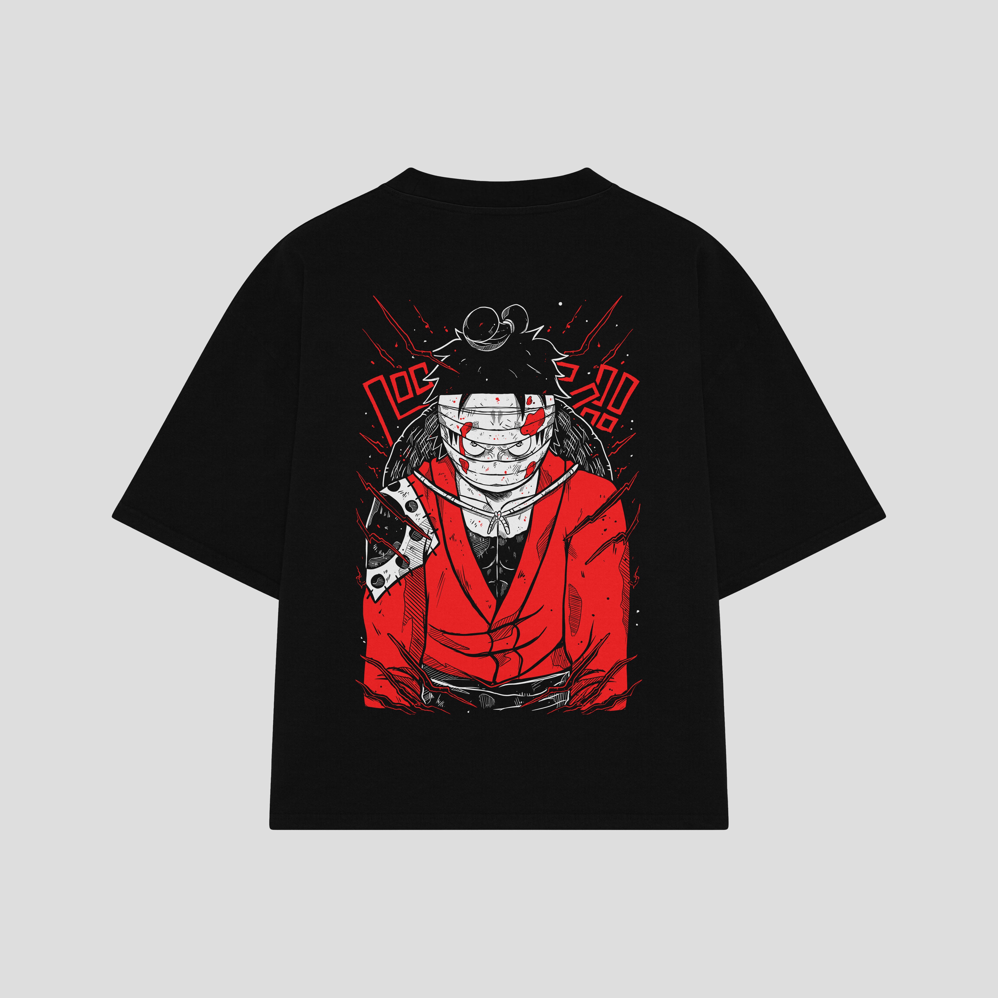 Playera streetwear premium de anime y gaming ExtraLife MX, corte boxy oversized drop shoulder heavyweight en color Deep Black y Off-White, moda urbana mexicana de culto.
