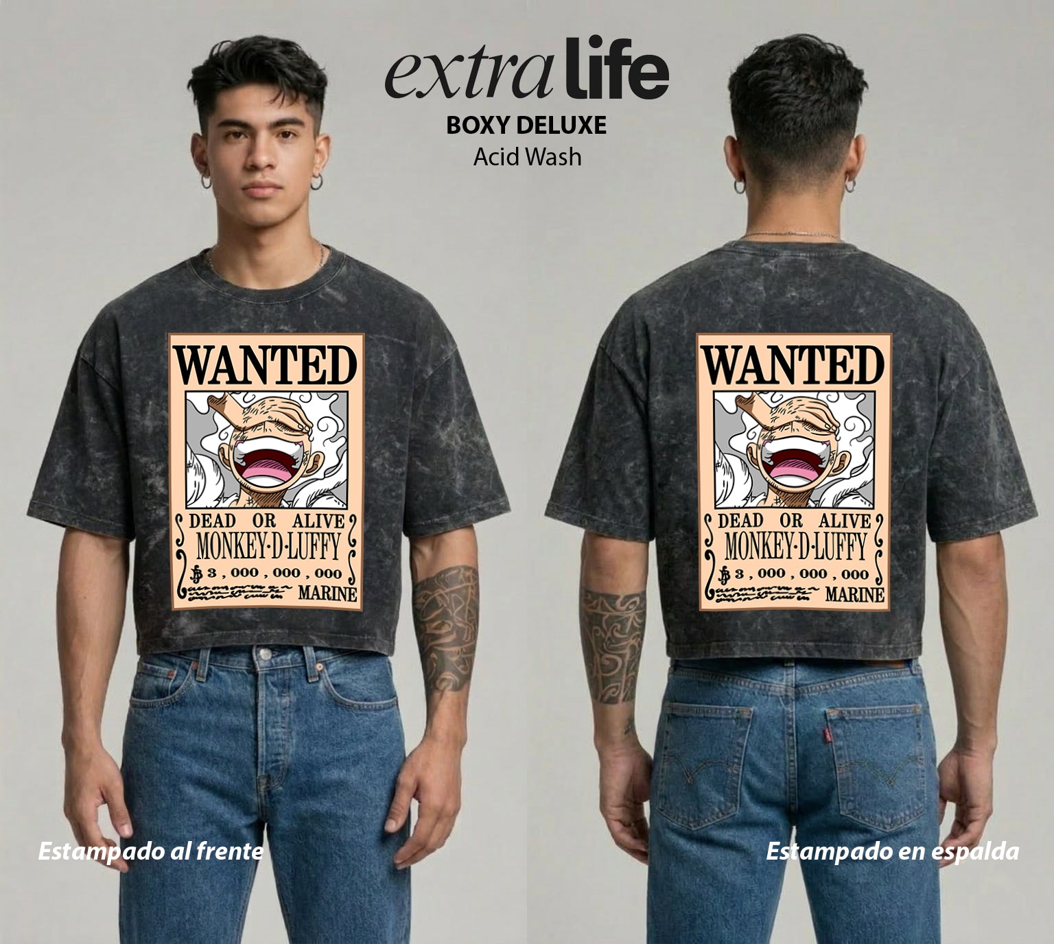 Playera streetwear premium de anime y gaming ExtraLife MX, corte boxy deluxe mineral wash heavyweight en color Acid Wash, moda urbana mexicana de culto.