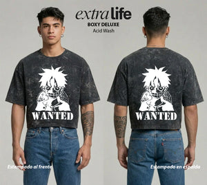 Playera streetwear premium de anime y gaming ExtraLife MX, corte boxy deluxe mineral wash heavyweight en color Acid Wash, moda urbana mexicana de culto.
