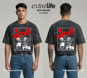 Playera streetwear premium de anime y gaming ExtraLife MX, corte boxy deluxe mineral wash heavyweight en color Acid Wash, moda urbana mexicana de culto.
