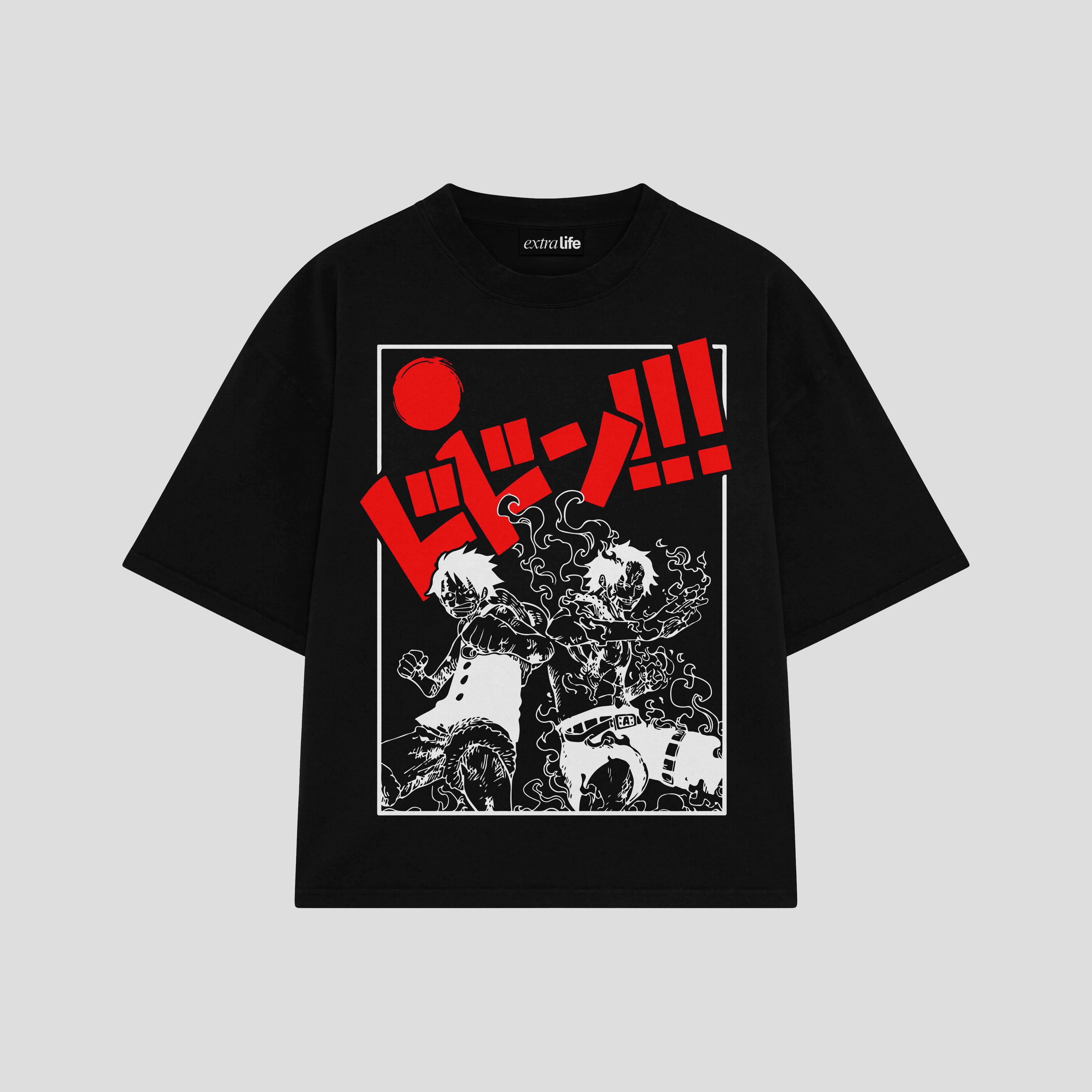 Playera streetwear premium de anime y gaming ExtraLife MX, corte boxy oversized drop shoulder heavyweight en color Deep Black y Off-White, moda urbana mexicana de culto.