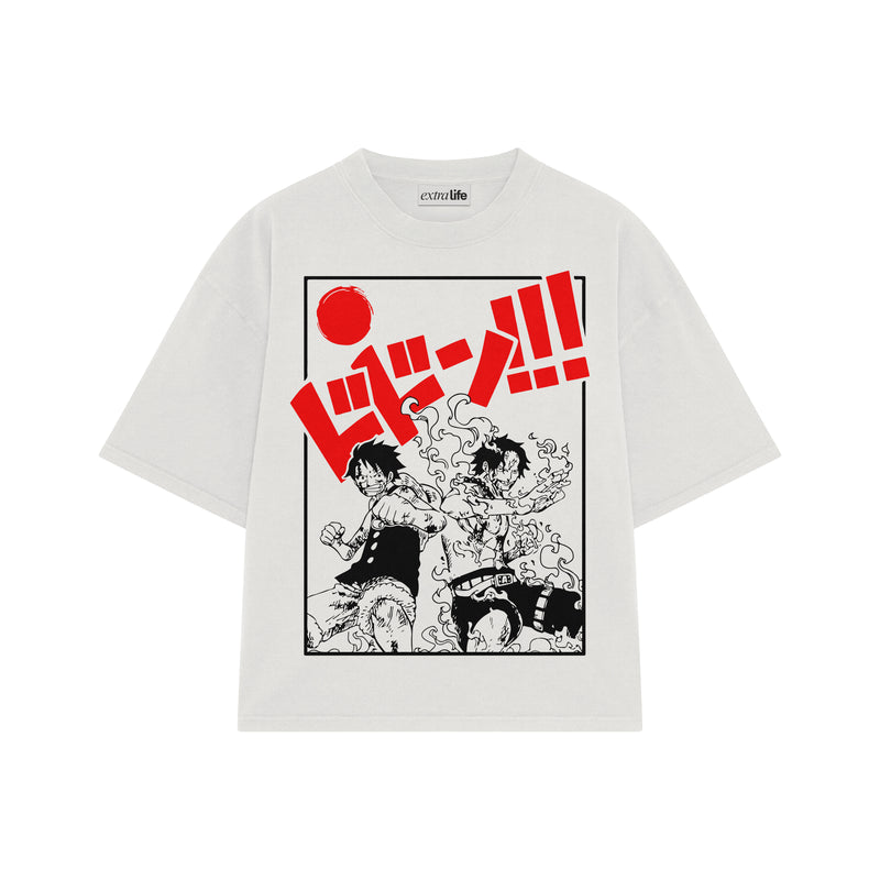 Playera streetwear premium de anime y gaming ExtraLife MX, corte boxy oversized drop shoulder heavyweight en color Deep Black y Off-White, moda urbana mexicana de culto.
