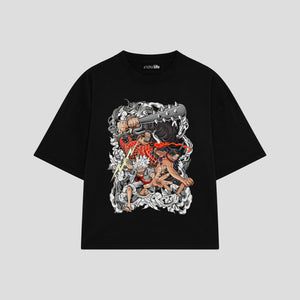 Playera streetwear premium de anime y gaming ExtraLife MX, corte boxy oversized drop shoulder heavyweight en color Deep Black y Off-White, moda urbana mexicana de culto.
