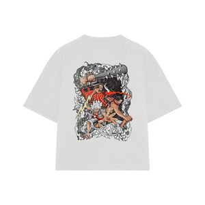 Playera streetwear premium de anime y gaming ExtraLife MX, corte boxy oversized drop shoulder heavyweight en color Deep Black y Off-White, moda urbana mexicana de culto.