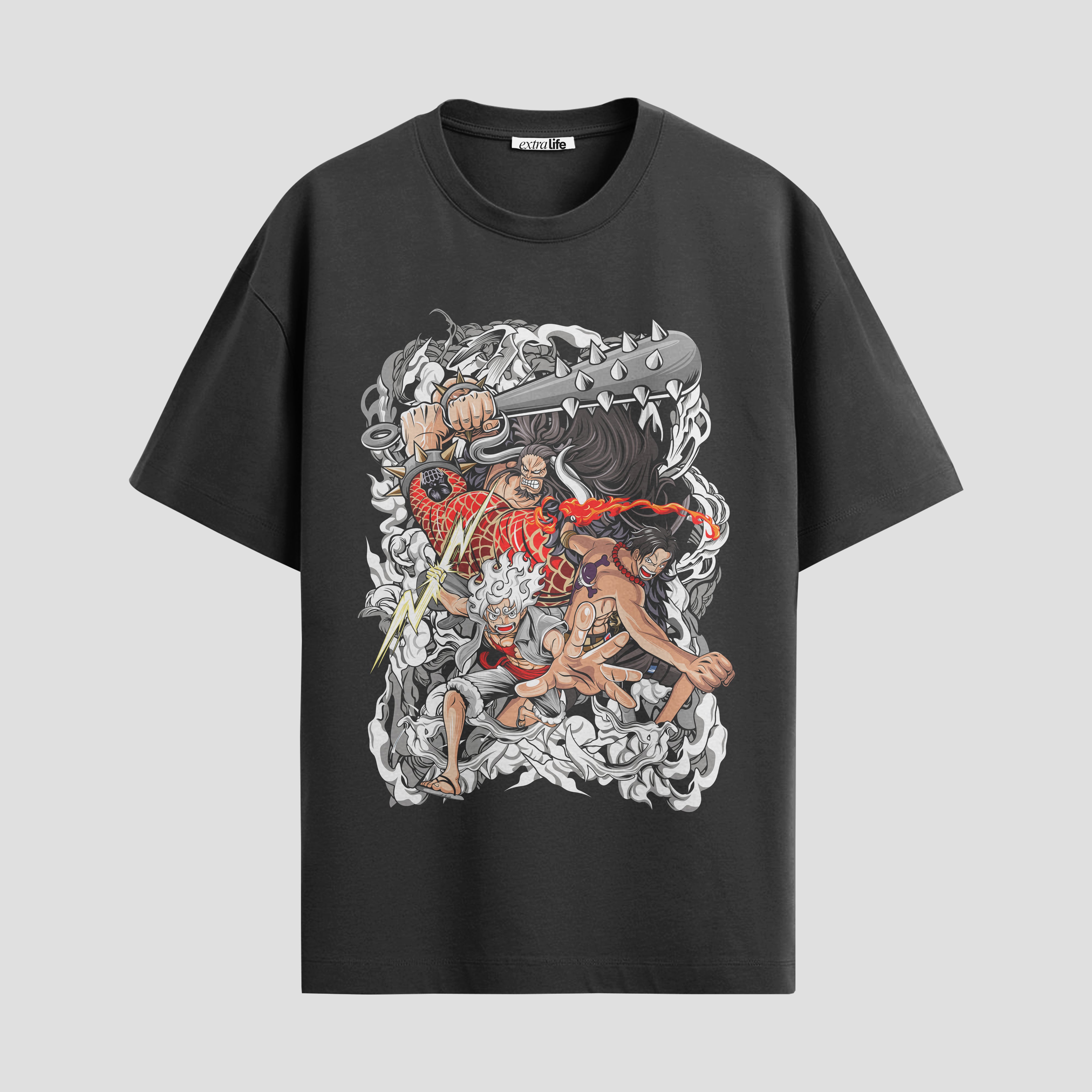 Playera urbana de anime y gaming ExtraLife MX, corte Standard Fit unisex ligero y transpirable en color Deep Black y Pure White, ropa de uso diario para gym y casual.
