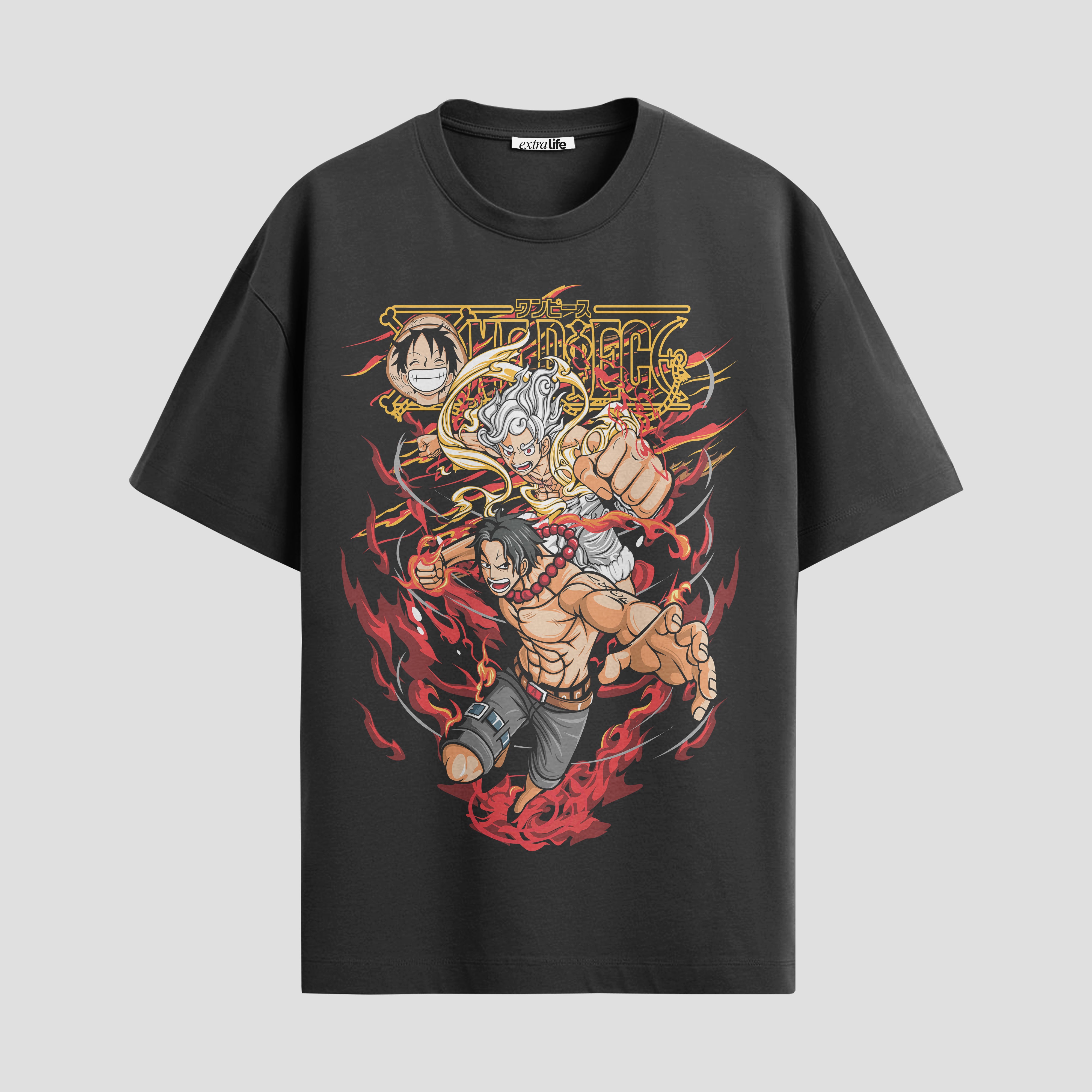 Playera urbana de anime y gaming ExtraLife MX, corte Standard Fit unisex ligero y transpirable en color Deep Black y Pure White, ropa de uso diario para gym y casual.