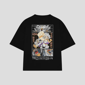 Playera streetwear premium de anime y gaming ExtraLife MX, corte boxy oversized drop shoulder heavyweight en color Deep Black y Off-White, moda urbana mexicana de culto.