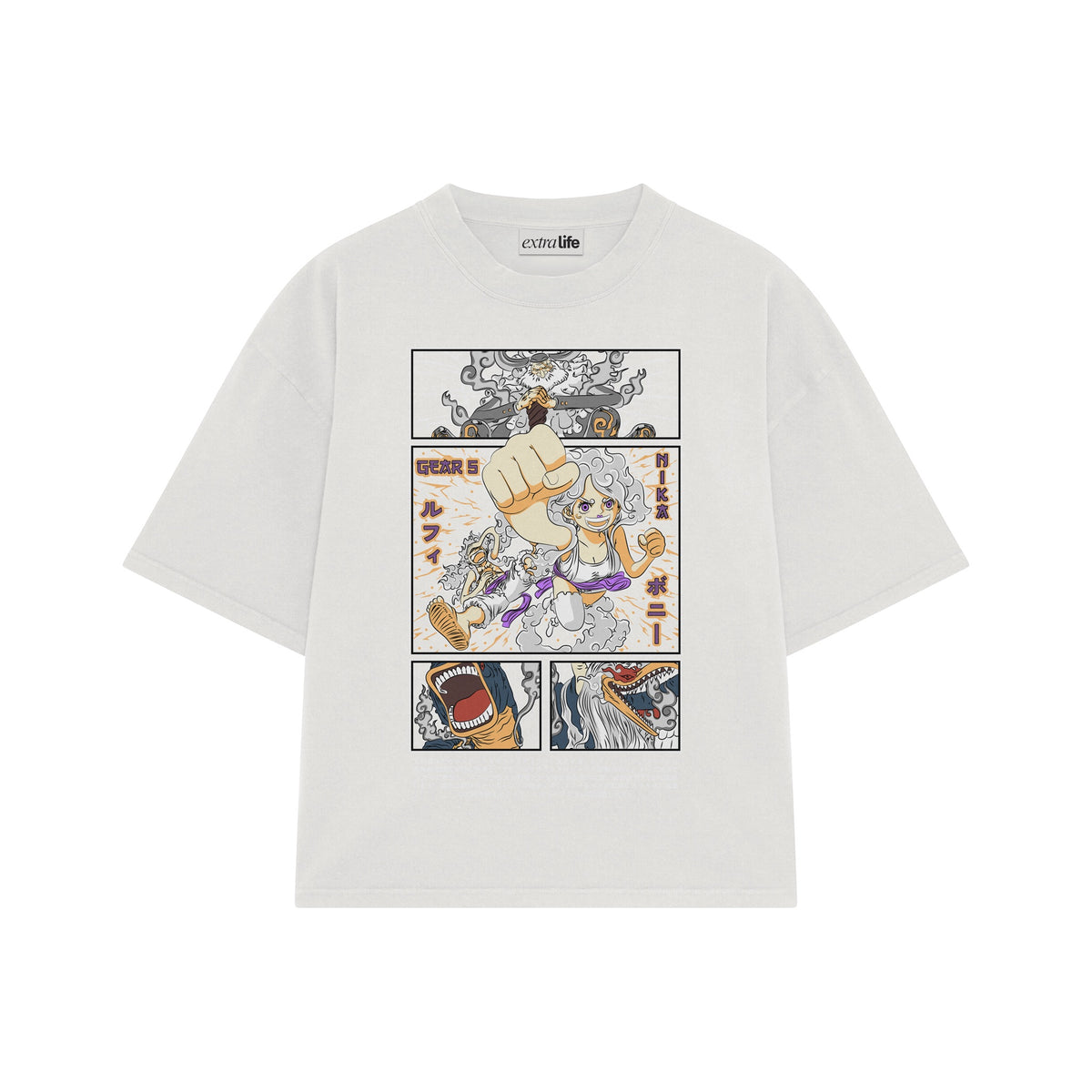 Playera streetwear premium de anime y gaming ExtraLife MX, corte oversized drop shoulder ligero y fresco en color Deep Black y Off-White, moda urbana mexicana de culto.