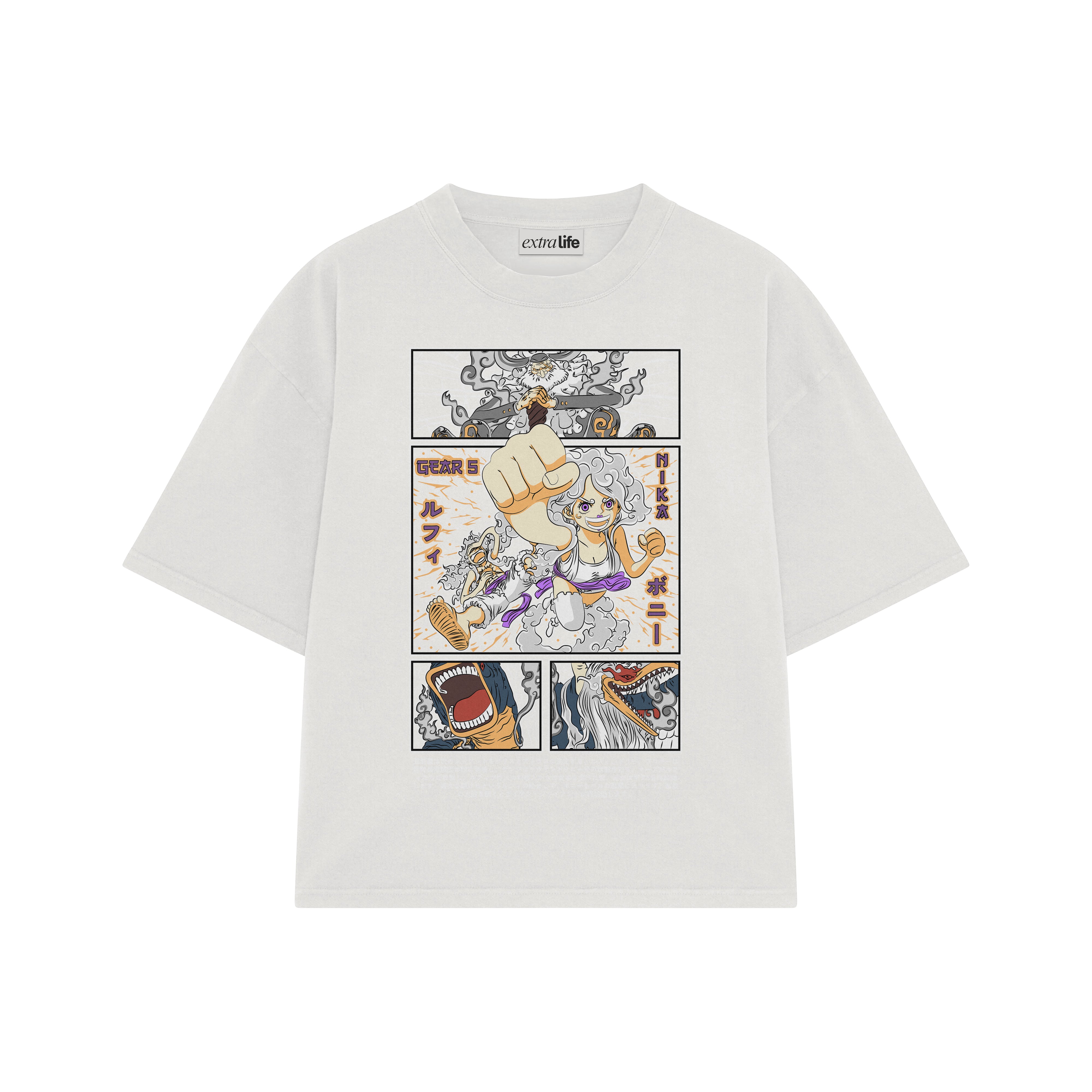 Playera streetwear premium de anime y gaming ExtraLife MX, corte boxy oversized drop shoulder heavyweight en color Deep Black y Off-White, moda urbana mexicana de culto.
