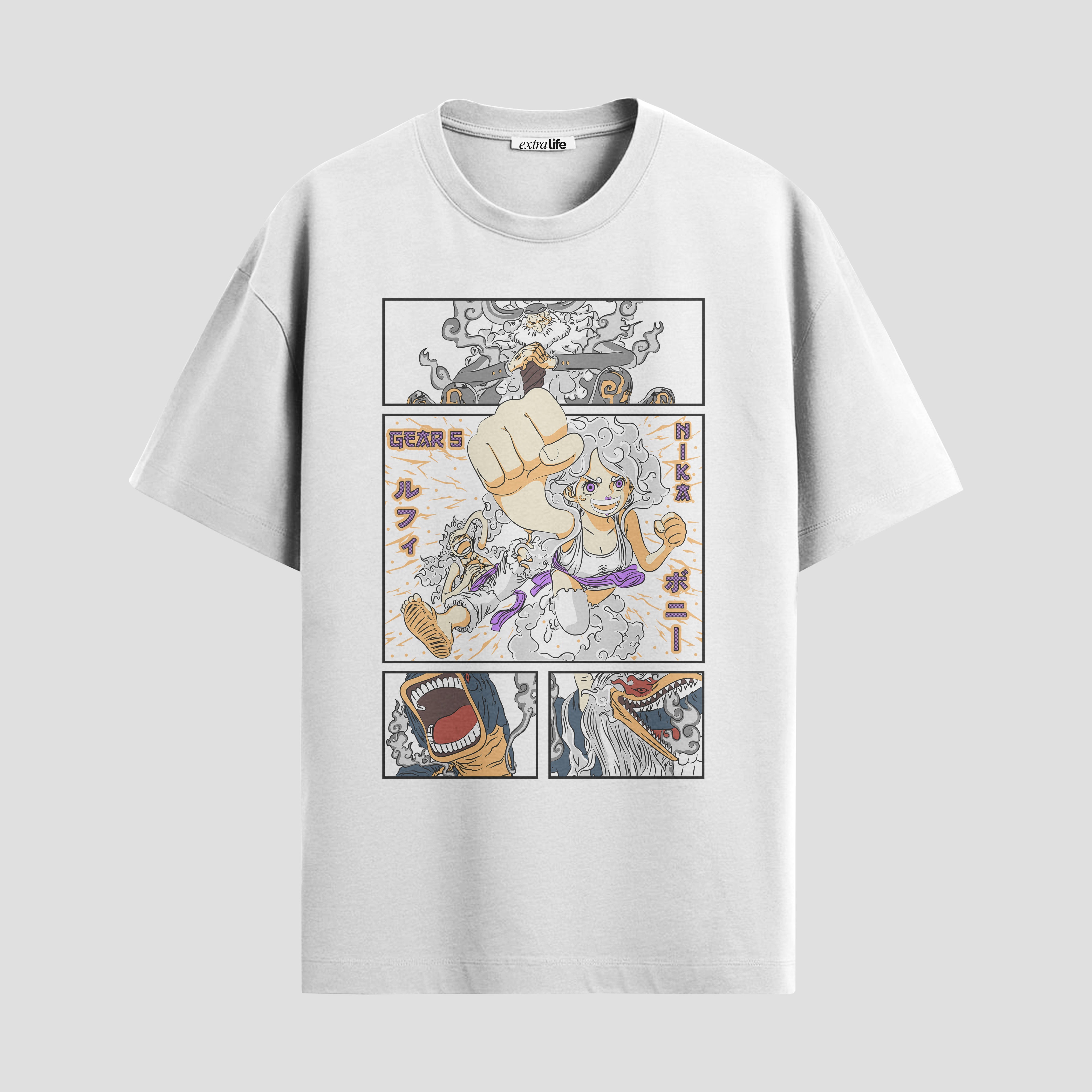 Playera urbana de anime y gaming ExtraLife MX, corte Standard Fit unisex ligero y transpirable en color Deep Black y Pure White, ropa de uso diario para gym y casual.
