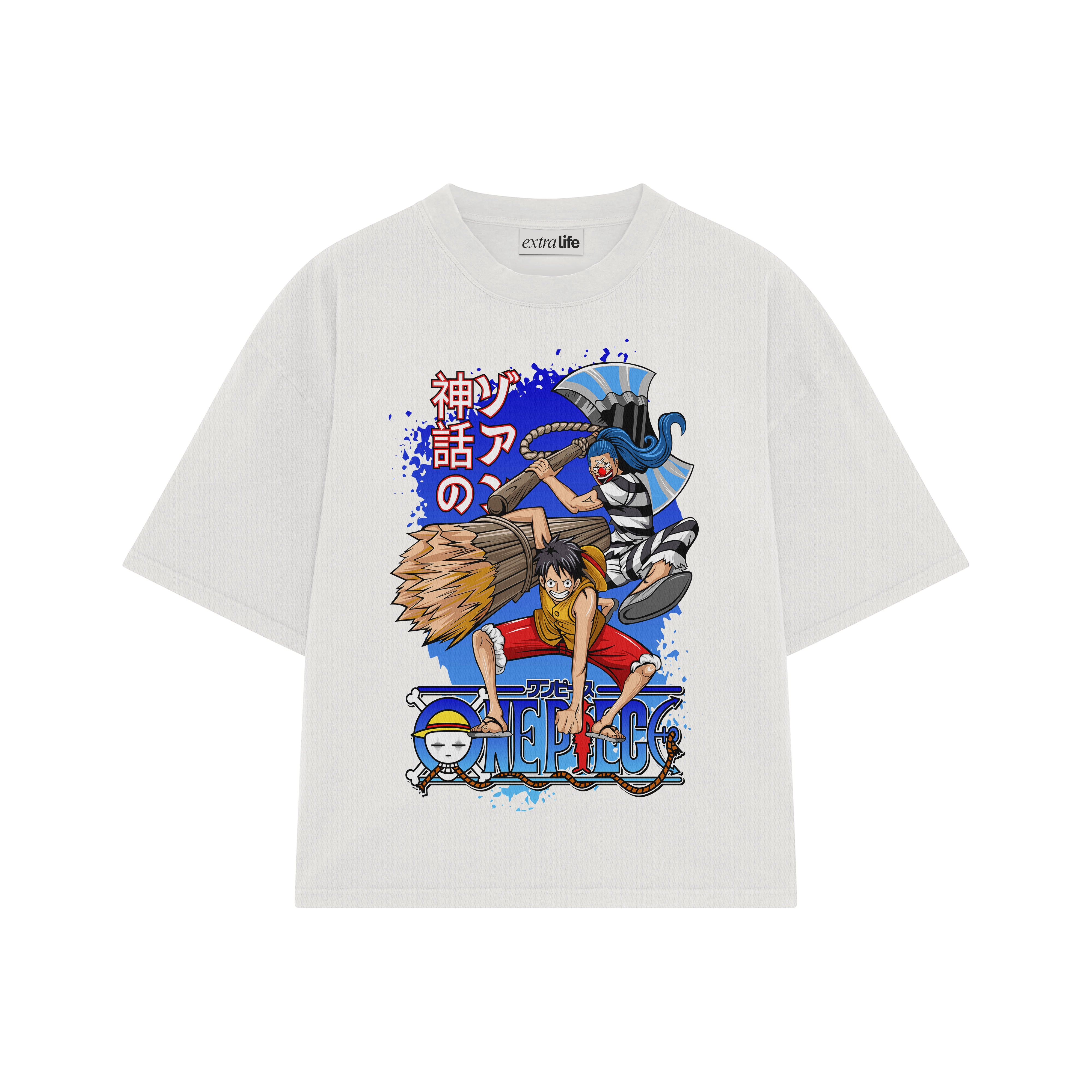 Playera streetwear premium de anime y gaming ExtraLife MX, corte boxy oversized drop shoulder heavyweight en color Deep Black y Off-White, moda urbana mexicana de culto.