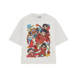Playera streetwear premium de anime y gaming ExtraLife MX, corte boxy oversized drop shoulder heavyweight en color Deep Black y Off-White, moda urbana mexicana de culto.