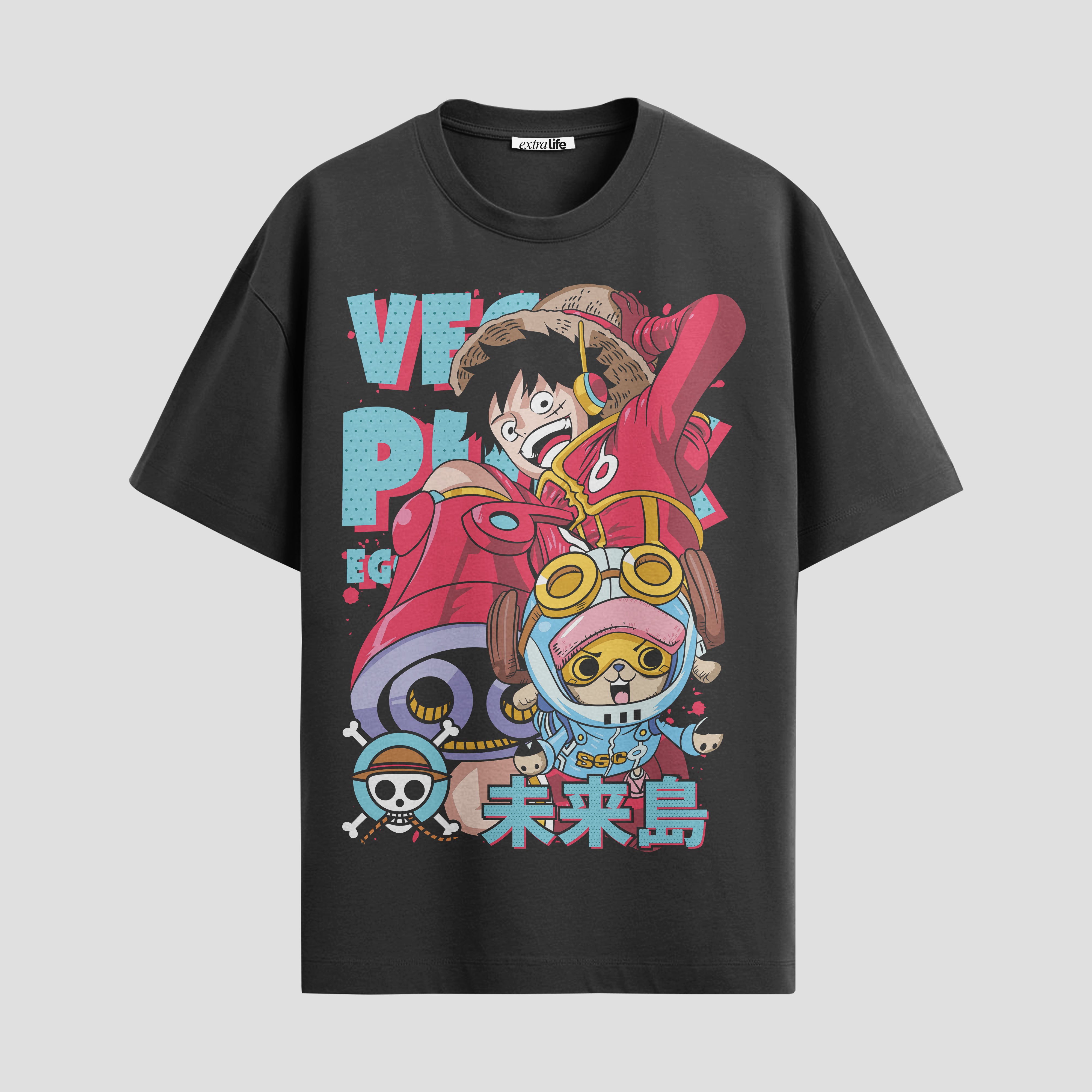 Playera urbana de anime y gaming ExtraLife MX, corte Standard Fit unisex ligero y transpirable en color Deep Black y Pure White, ropa de uso diario para gym y casual.