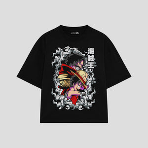 Playera streetwear premium de anime y gaming ExtraLife MX, corte boxy oversized drop shoulder heavyweight en color Deep Black y Off-White, moda urbana mexicana de culto.