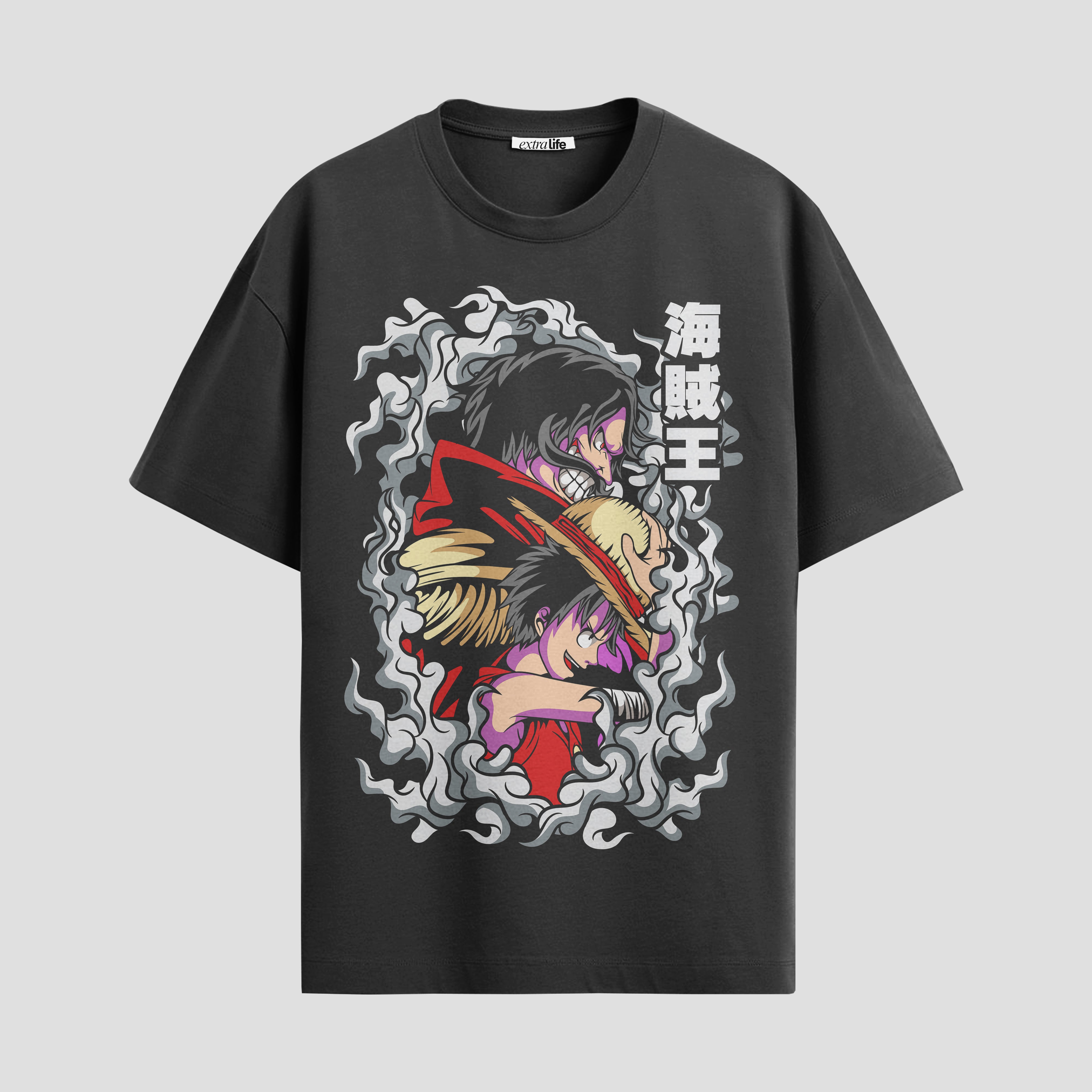 Playera urbana de anime y gaming ExtraLife MX, corte Standard Fit unisex ligero y transpirable en color Deep Black y Pure White, ropa de uso diario para gym y casual.