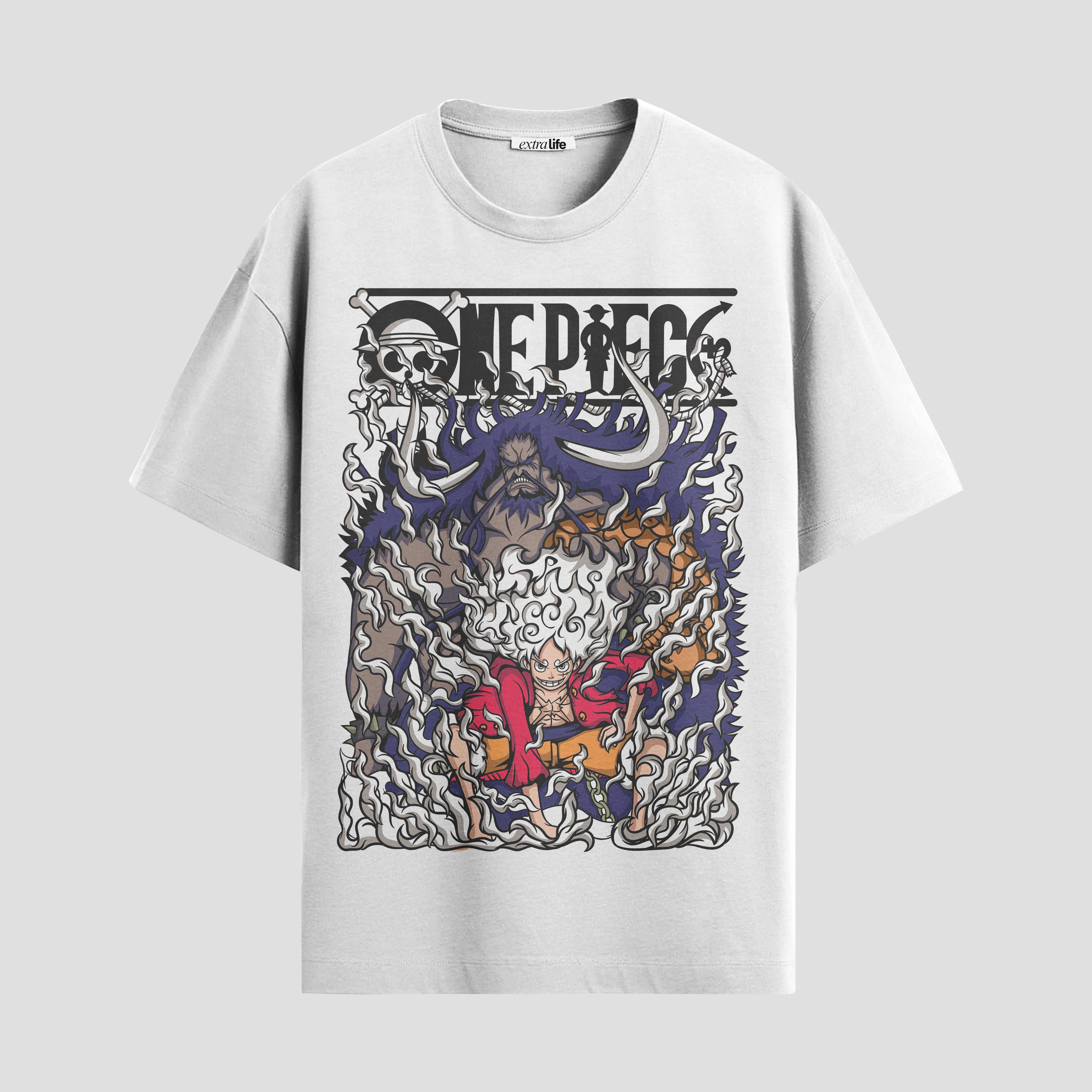 Playera urbana de anime y gaming ExtraLife MX, corte Standard Fit unisex ligero y transpirable en color Deep Black y Pure White, ropa de uso diario para gym y casual.