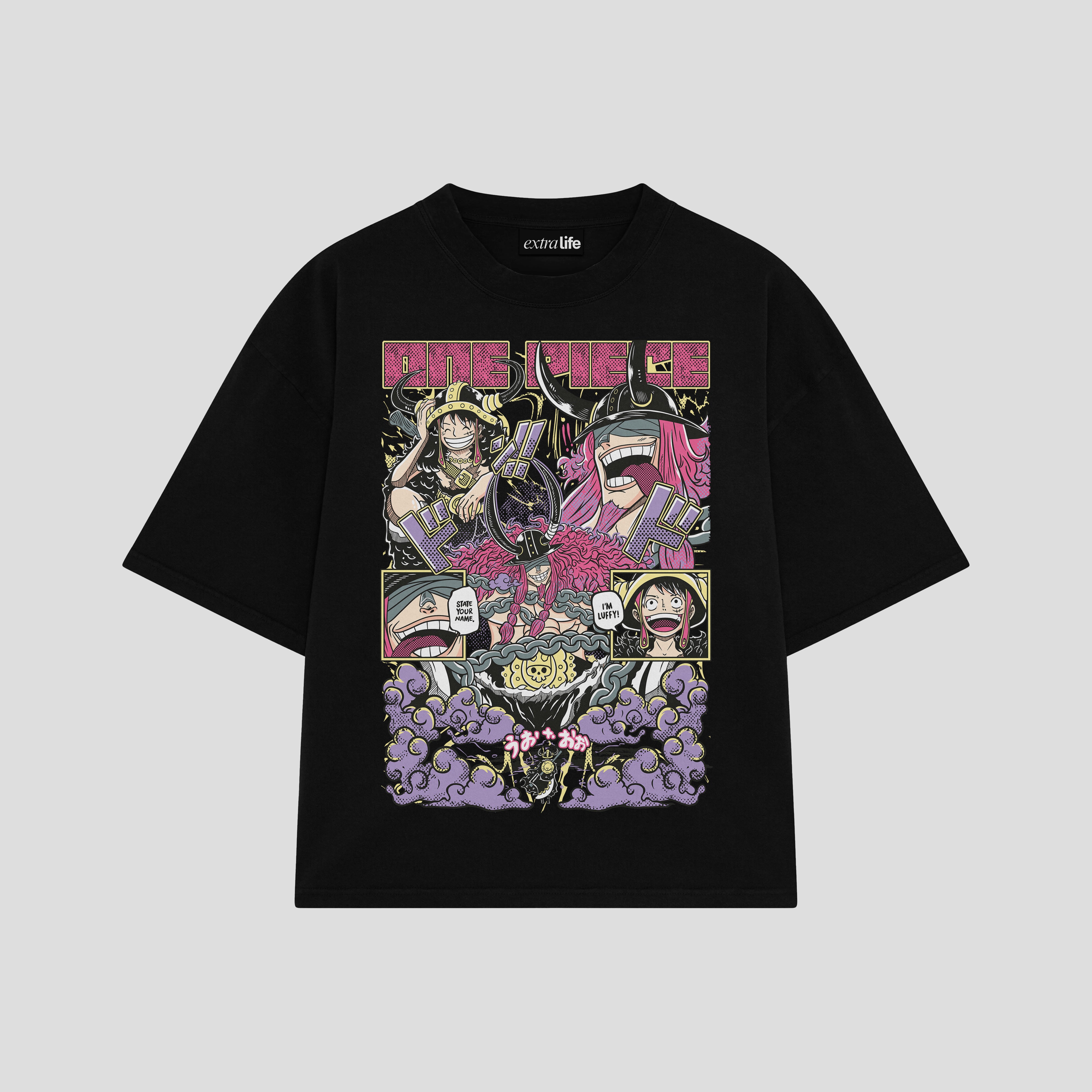 Playera streetwear premium de anime y gaming ExtraLife MX, corte boxy oversized drop shoulder heavyweight en color Deep Black y Off-White, moda urbana mexicana de culto.