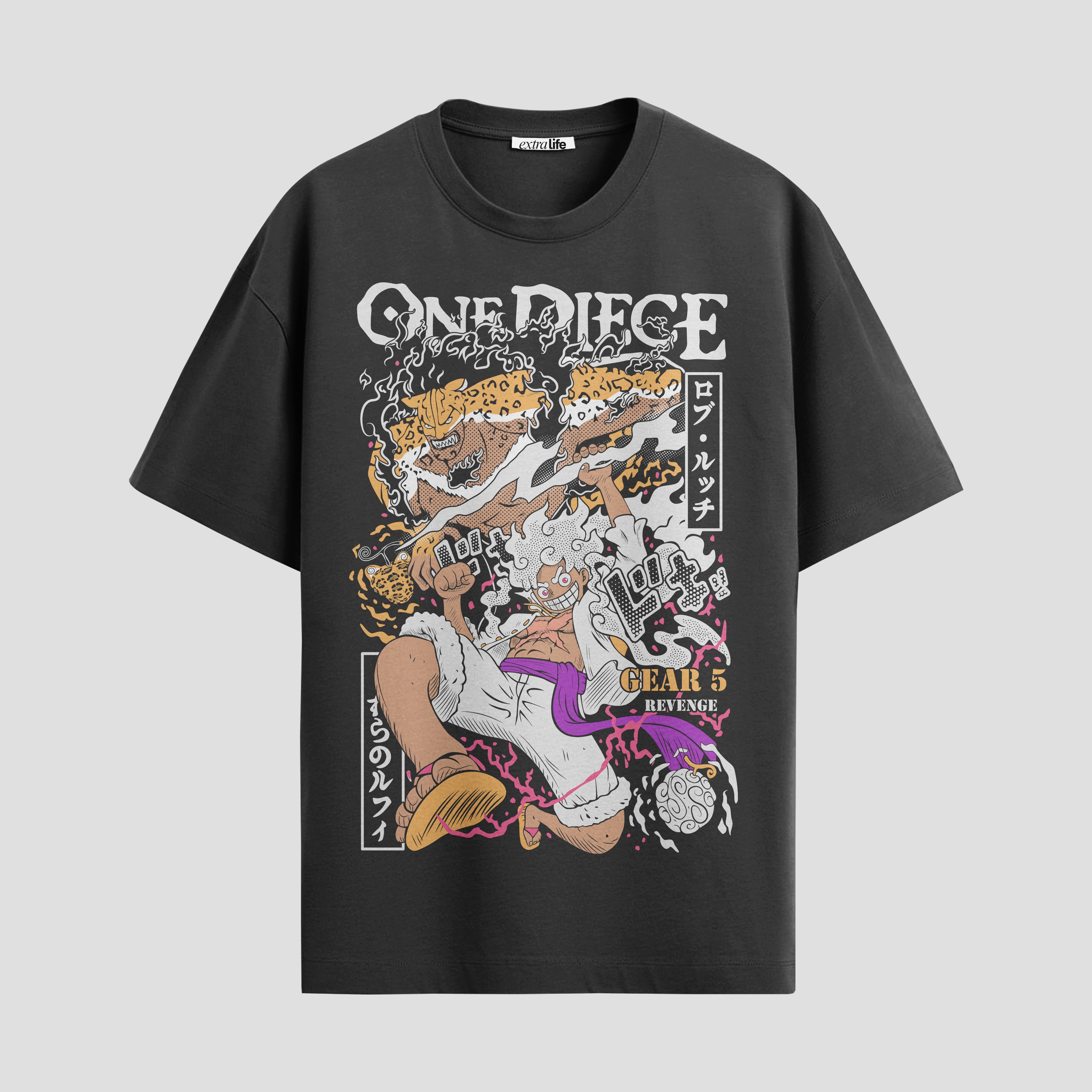 Playera urbana de anime y gaming ExtraLife MX, corte Standard Fit unisex ligero y transpirable en color Deep Black y Pure White, ropa de uso diario para gym y casual.
