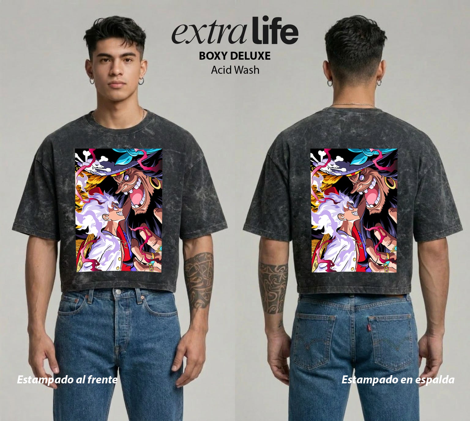 Playera streetwear premium de anime y gaming ExtraLife MX, corte boxy deluxe mineral wash heavyweight en color Acid Wash, moda urbana mexicana de culto.
