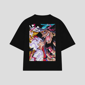 Playera streetwear premium de anime y gaming ExtraLife MX, corte boxy oversized drop shoulder heavyweight en color Deep Black y Off-White, moda urbana mexicana de culto.