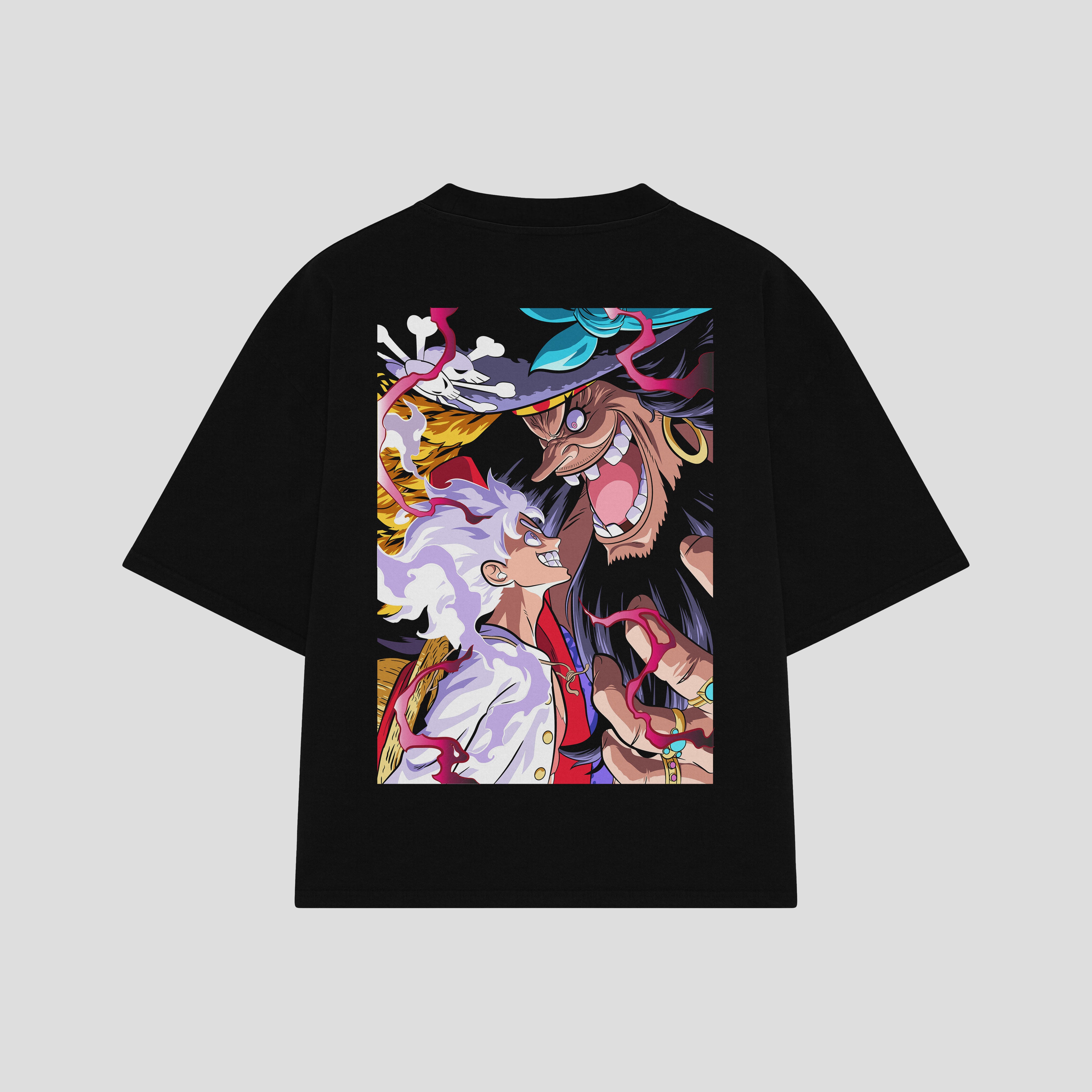 Playera streetwear premium de anime y gaming ExtraLife MX, corte boxy oversized drop shoulder heavyweight en color Deep Black y Off-White, moda urbana mexicana de culto.
